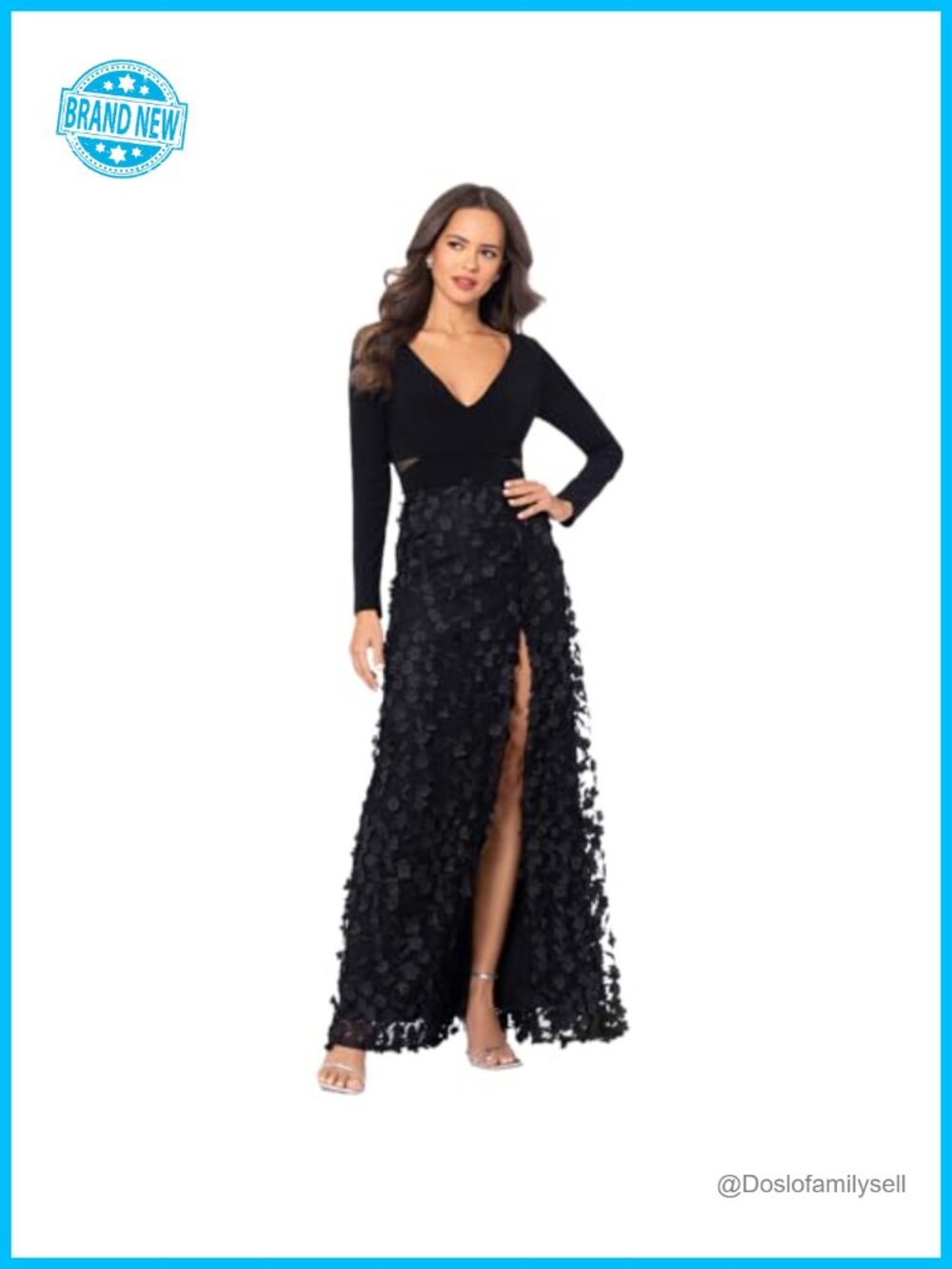 Long Sleeve V-Neck Floral Applique A-Line Evening Gown with Side Slit